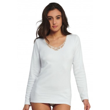 Pull femme manches longues col V avec dentelle en coton interlock KM 199 - KISSIMO